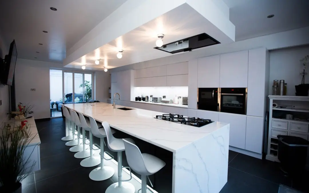 Slate Veneered Kitchen Fused With Calacatta Wrapped Quartz