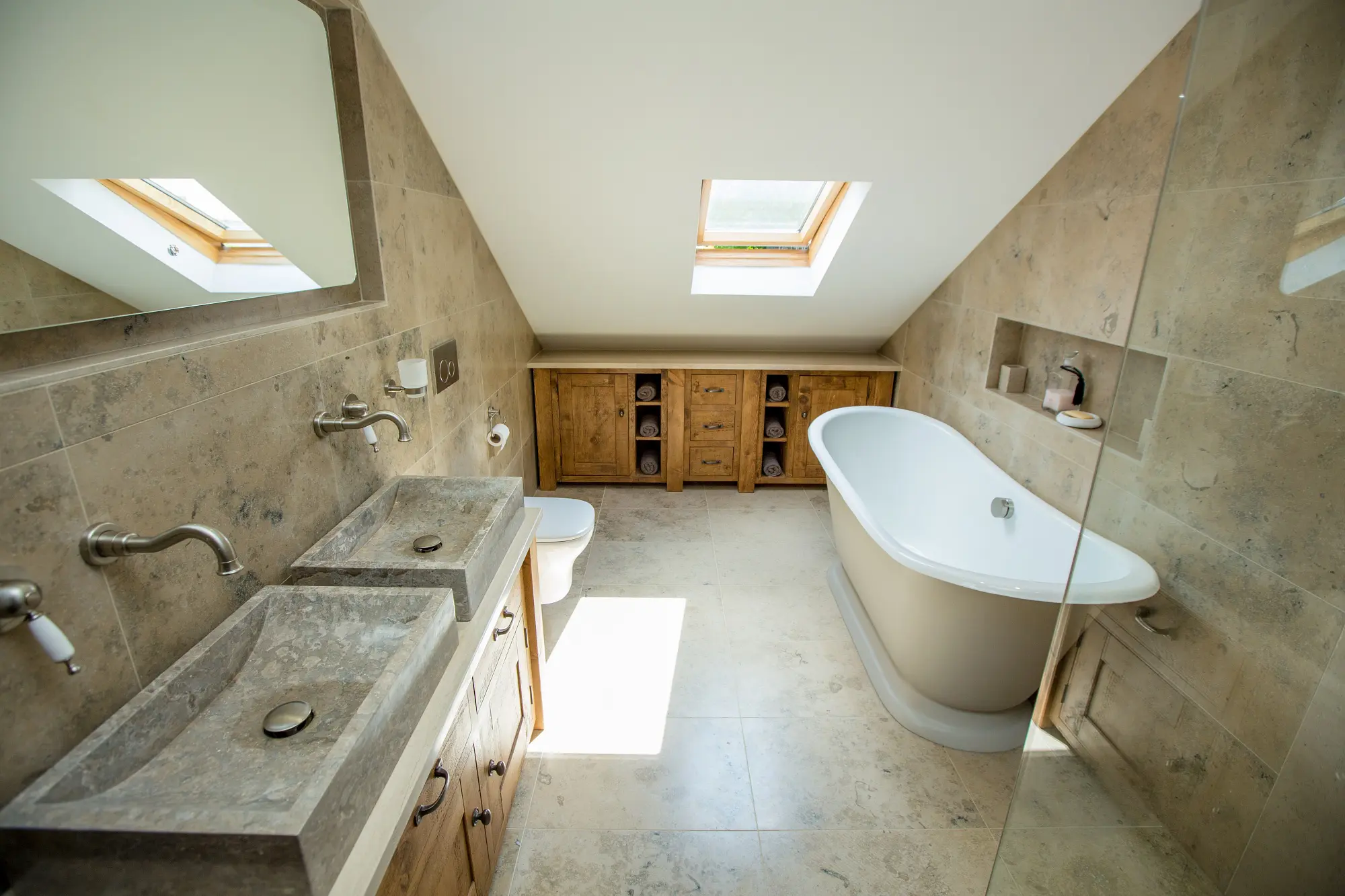 Traditional Bespoke Vanity With Fossil Shell Tiles Bathroom Design